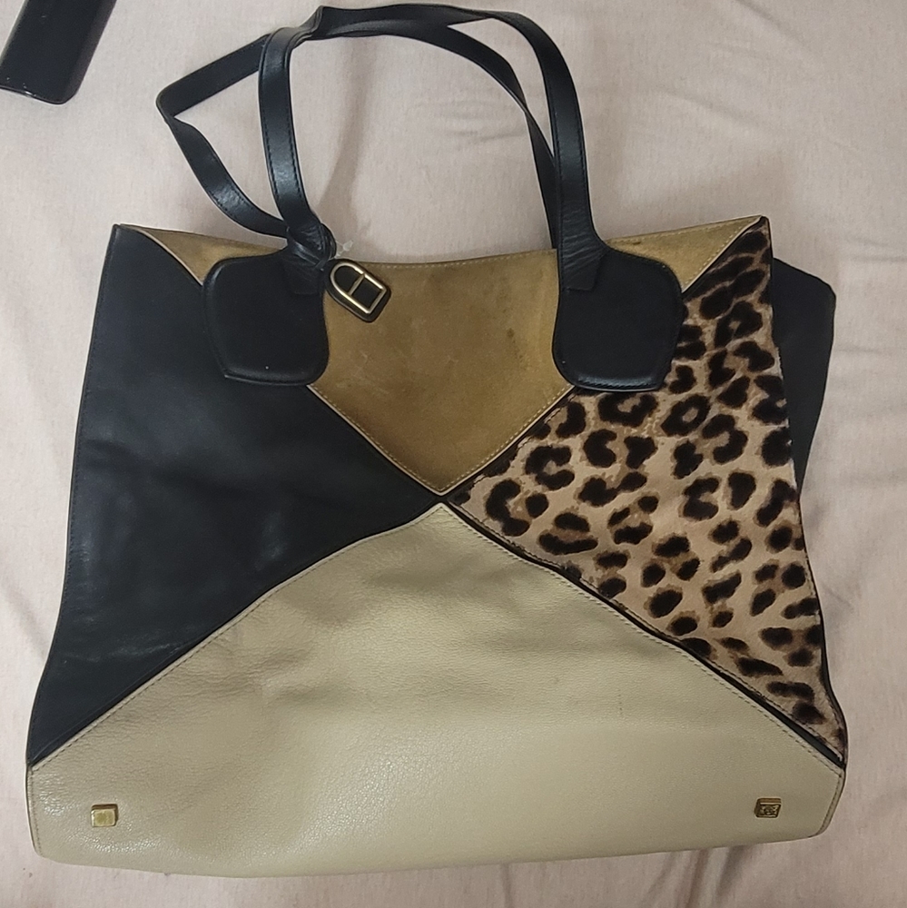 Anne Klein Patch Leopard Black Creme and Tan Satchel Purse Bag